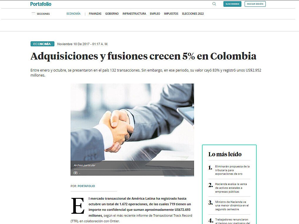 Adquisiciones y fusiones crecen 5% en Colombia